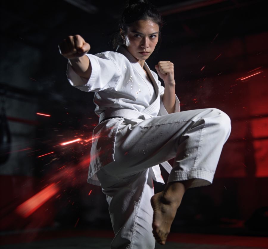 Karateka in a white gi throwing a punch