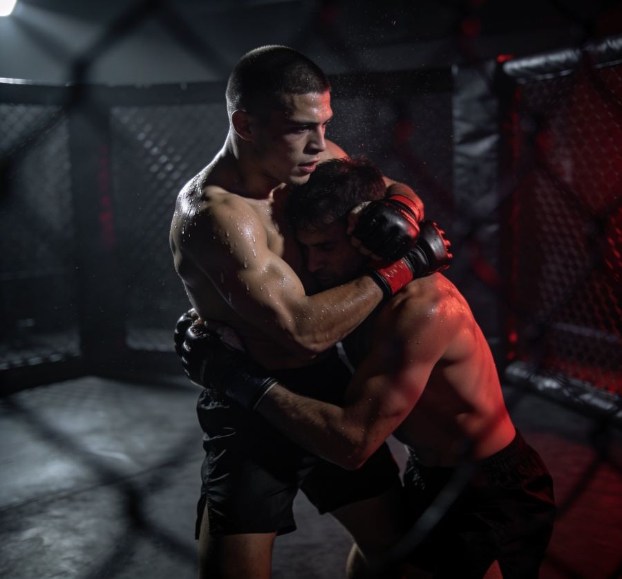 Two MMA fighters clinching in a cage