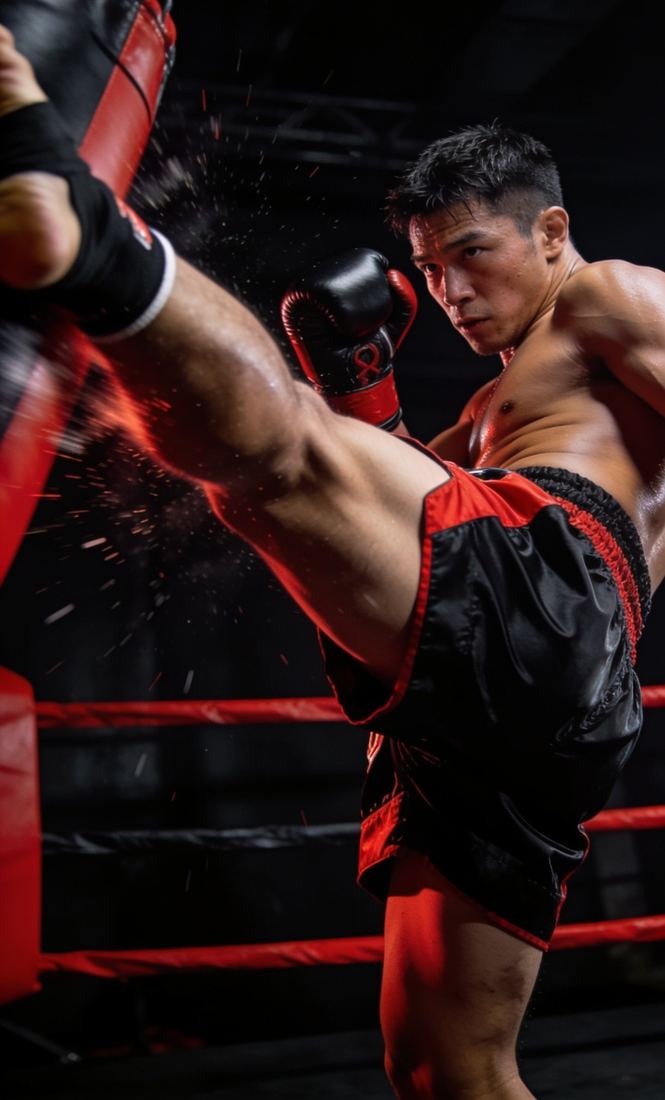 Muay Thai fighter throwing a kick at a bag