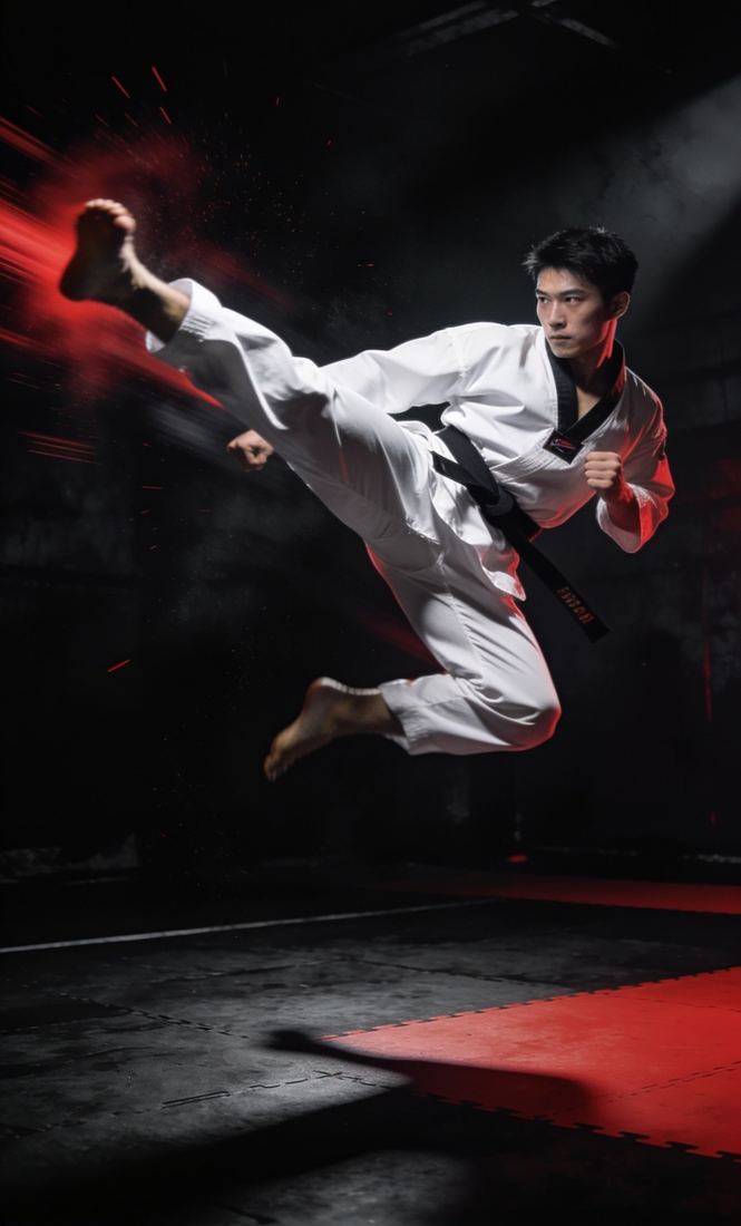 Taekwondo athlete mid flying kick